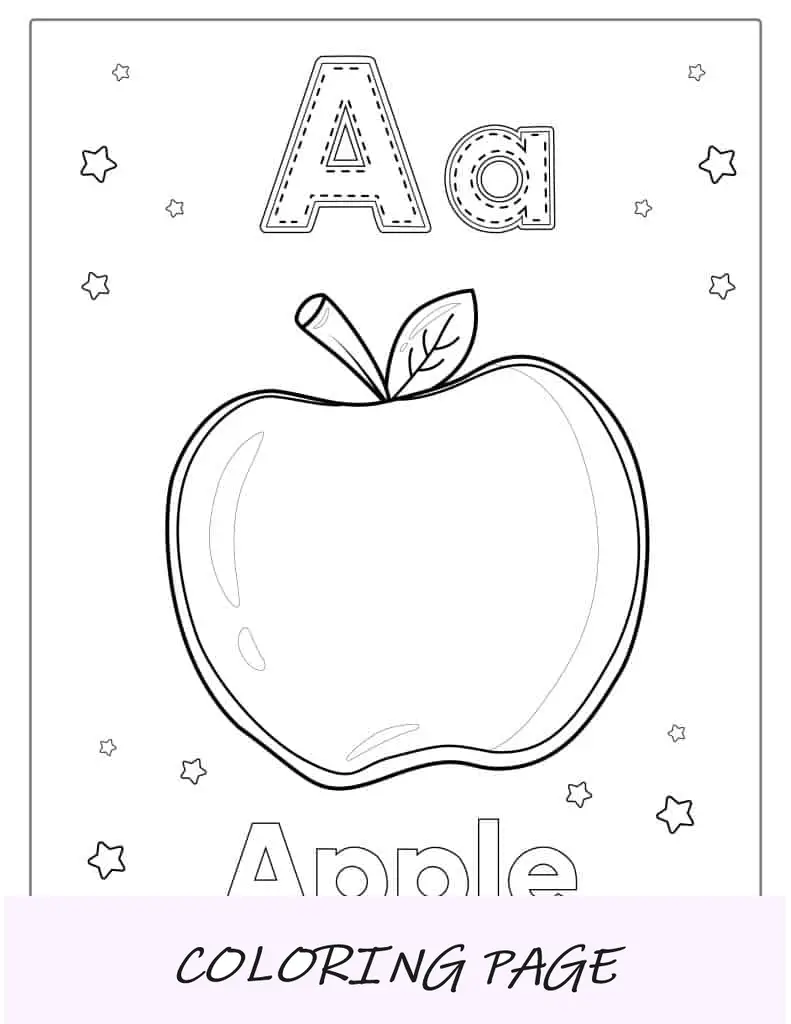 Hoja de cálculo de calco de manzana con la letra A para colorear