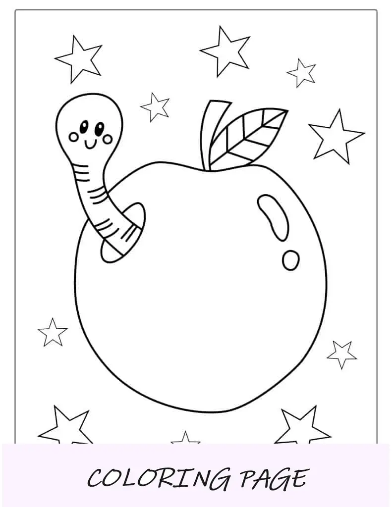 Hoja para colorear de gusano en manzana para niños en edad preescolar
