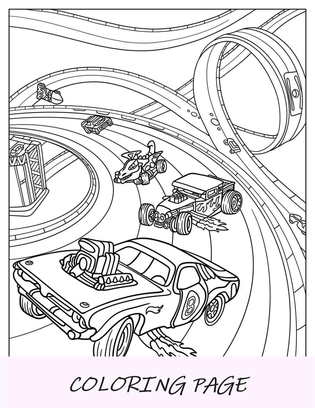Página para colorir de carros Hot Wheels em pistas de corrida selvagens
