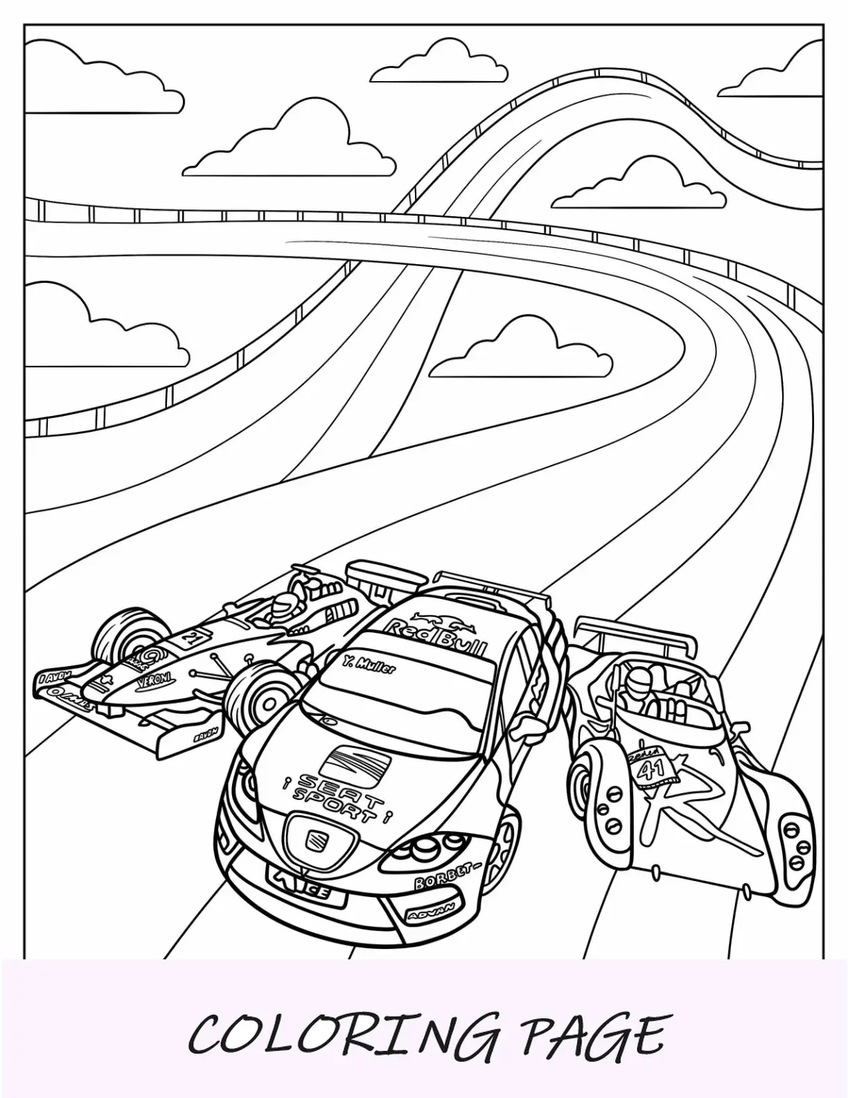 Página para colorir de carros de corrida Hot Wheels na pista