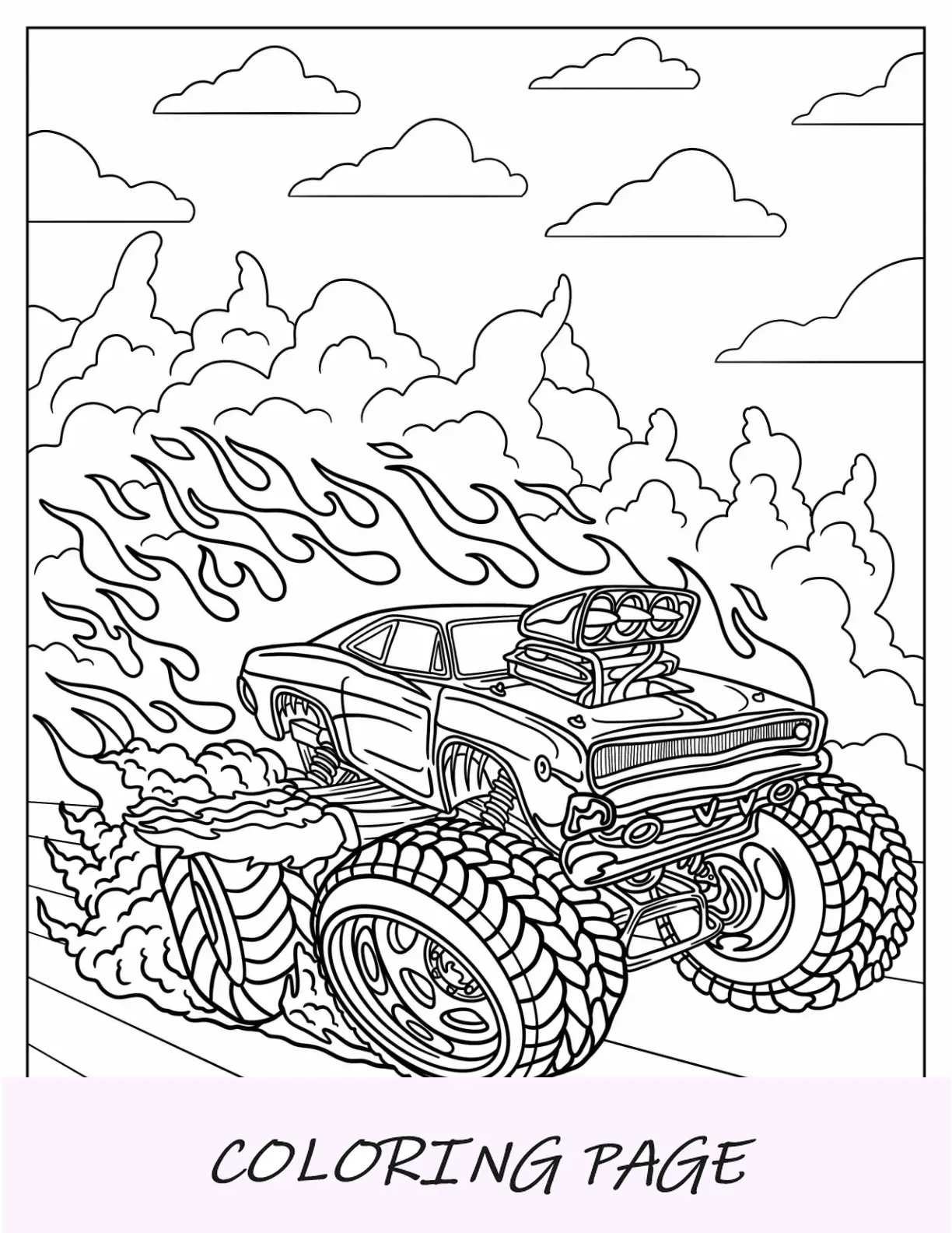Página para colorir do Monster Truck Flamejante Hot Wheels