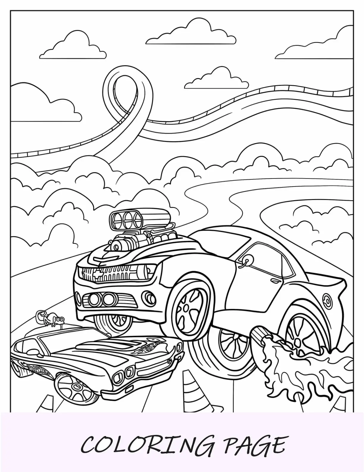 Hot Wheels de desenho animado com chamas e fumaça