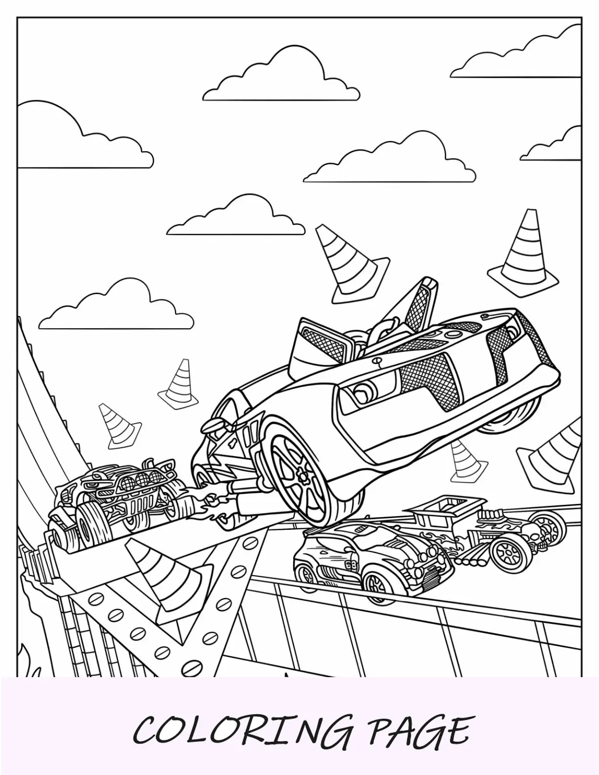 Folha para colorir de carros Hot Wheel correndo em pista de corrida selvagem
