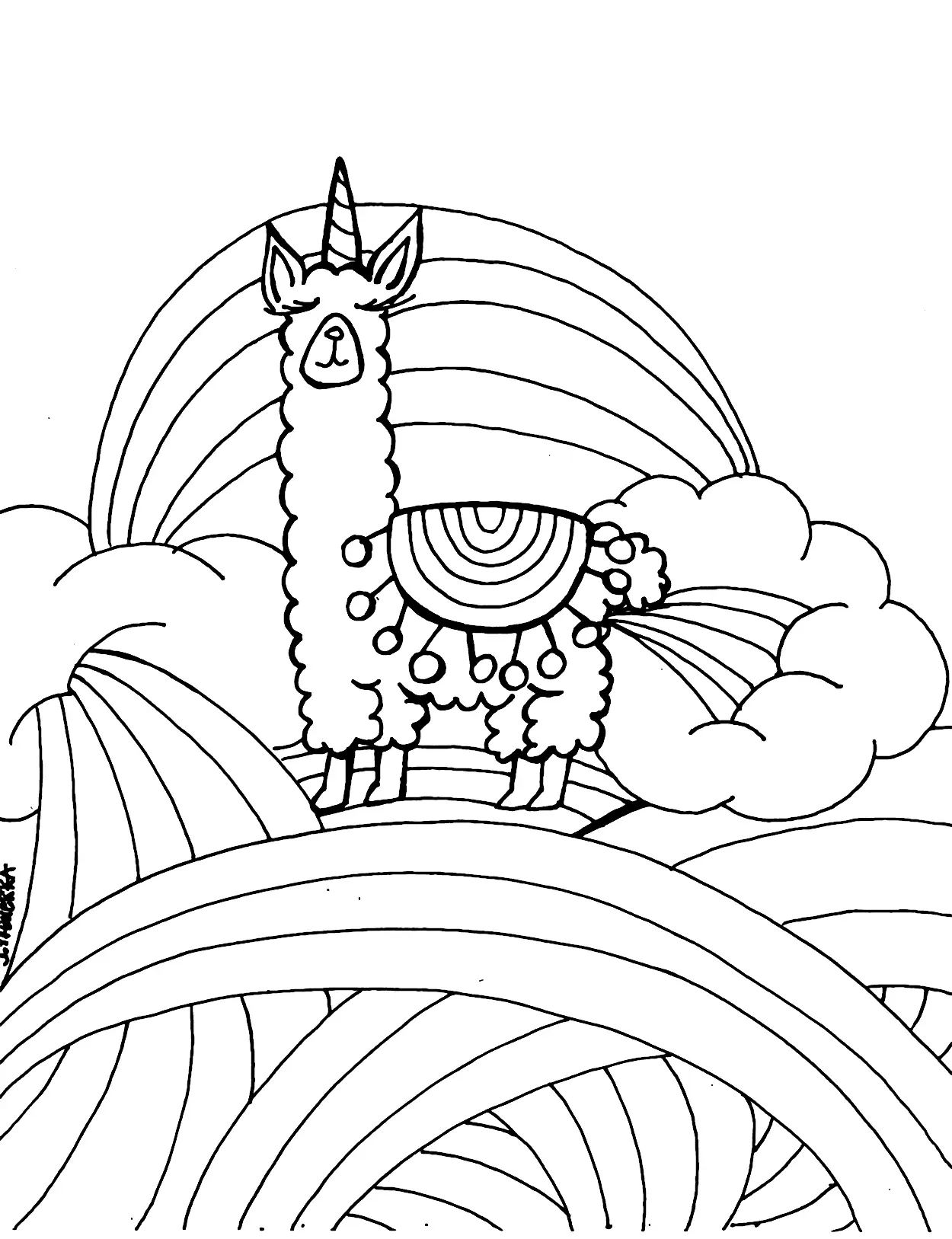 Llamacorn And Rainbows Drawing To Color