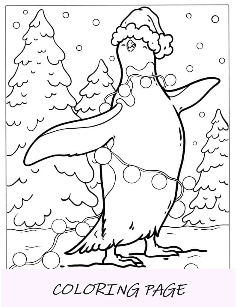 Pinguim fofo de Natal com decorações para colorir