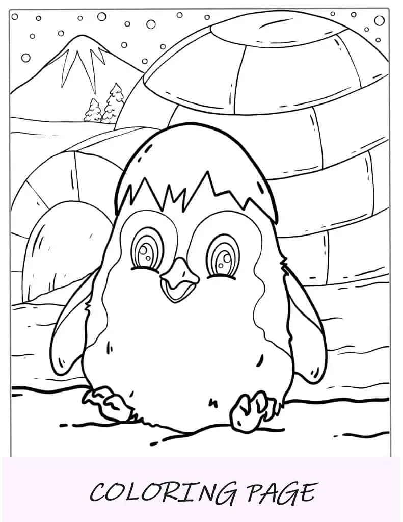 Folha para colorir de pinguim fofo com iglu