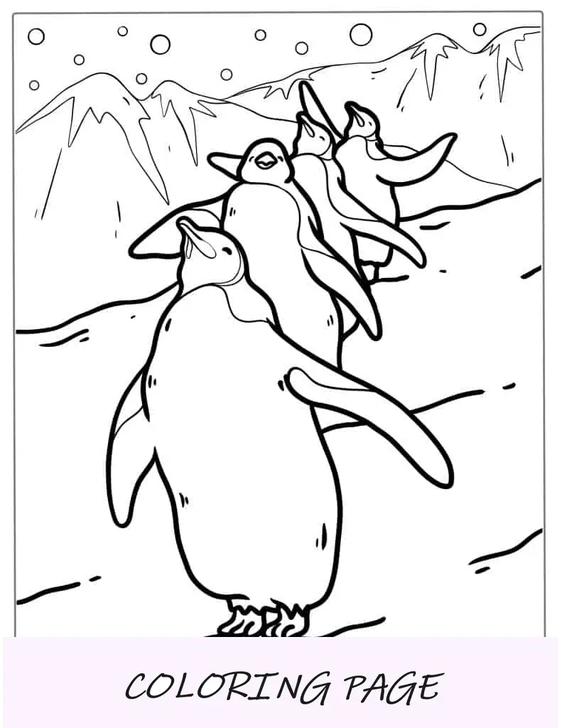 Folha para colorir de pinguins africanos marchando