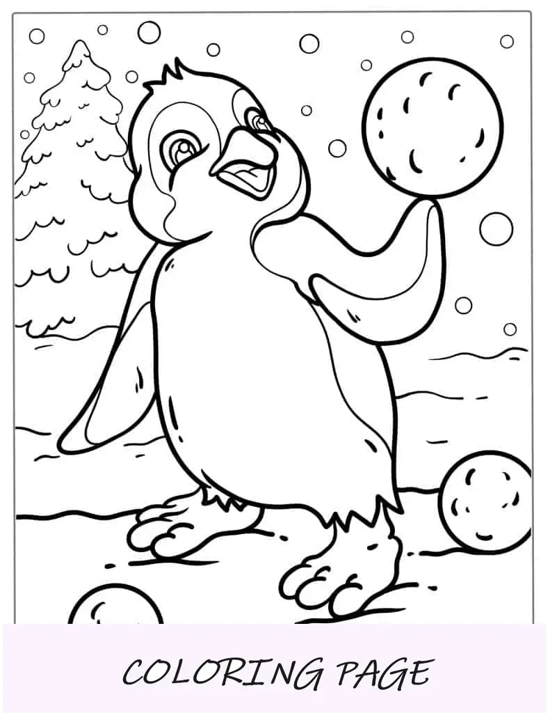 Pinguim bebê fofo com bolas de neve para colorir