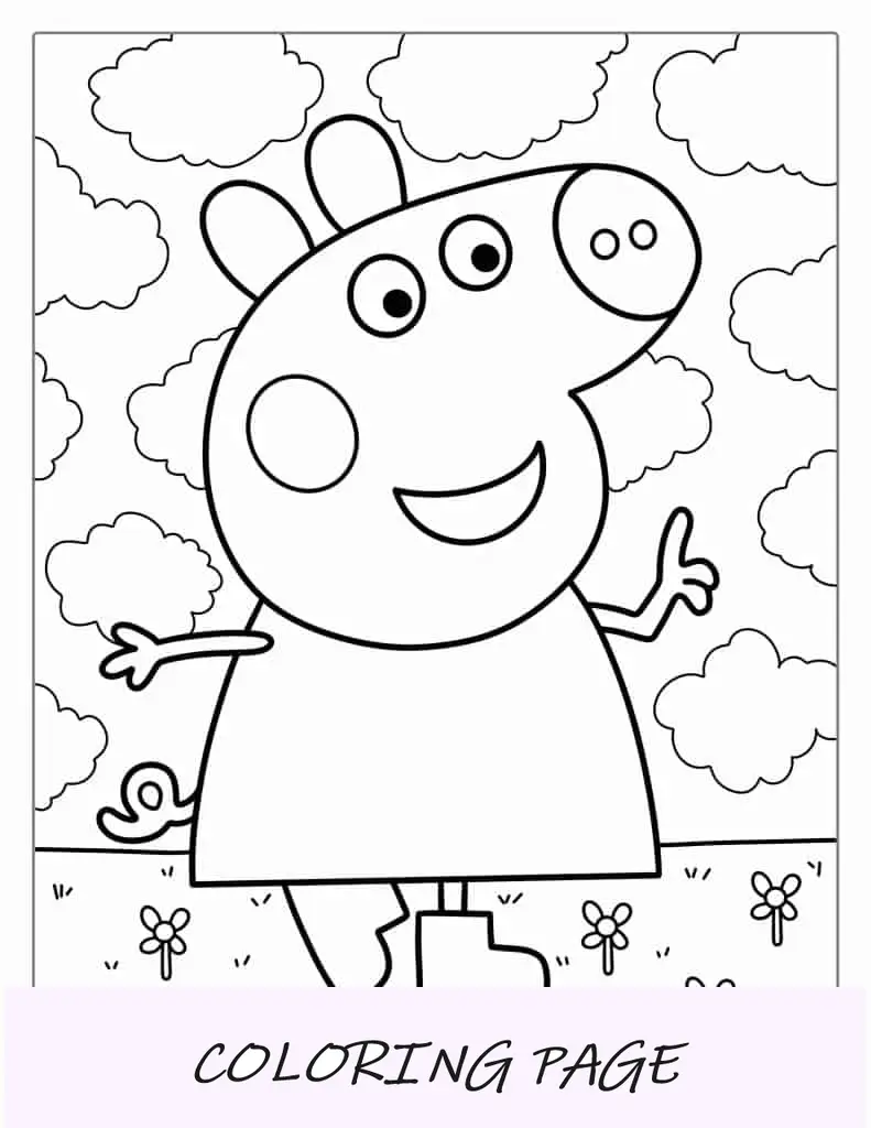 Peppa Pig che cammina nel campo con i fiori