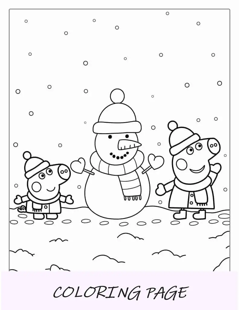 Peppa e George con il foglio da colorare del pupazzo di neve