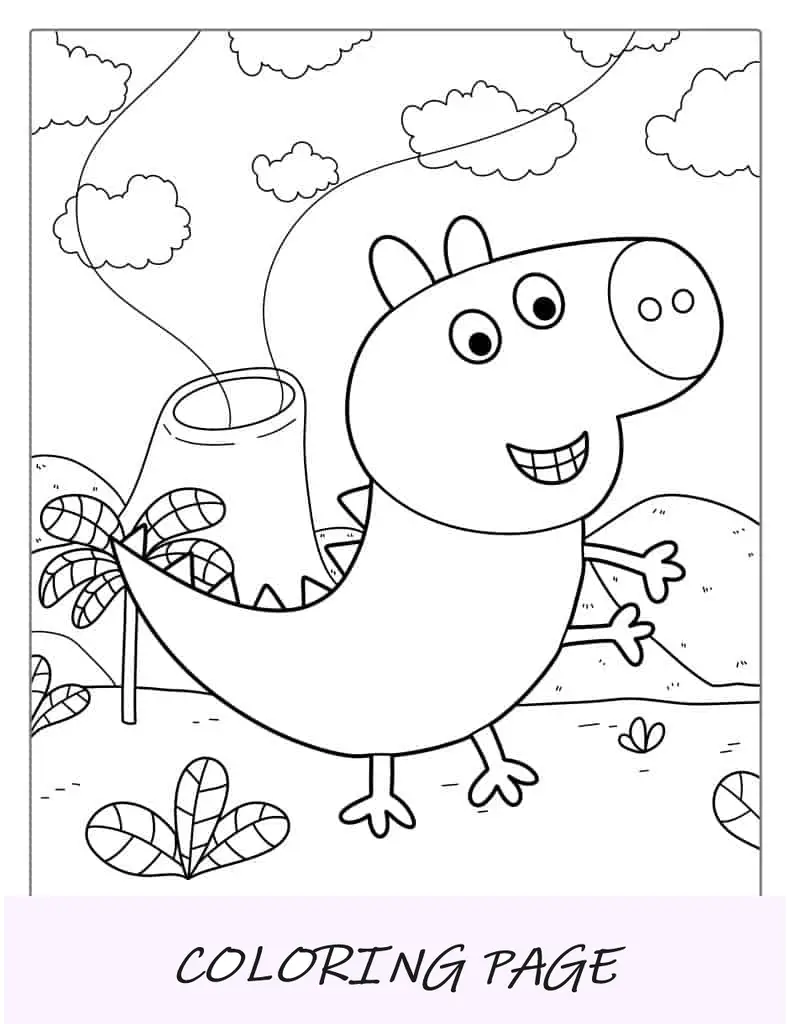 Pagina da colorare di Peppa Pig a tema dinosauro