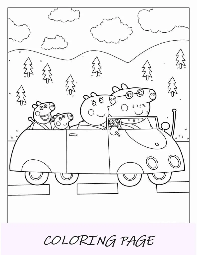 Pagina da colorare della famiglia Peppa Pig che guida in auto