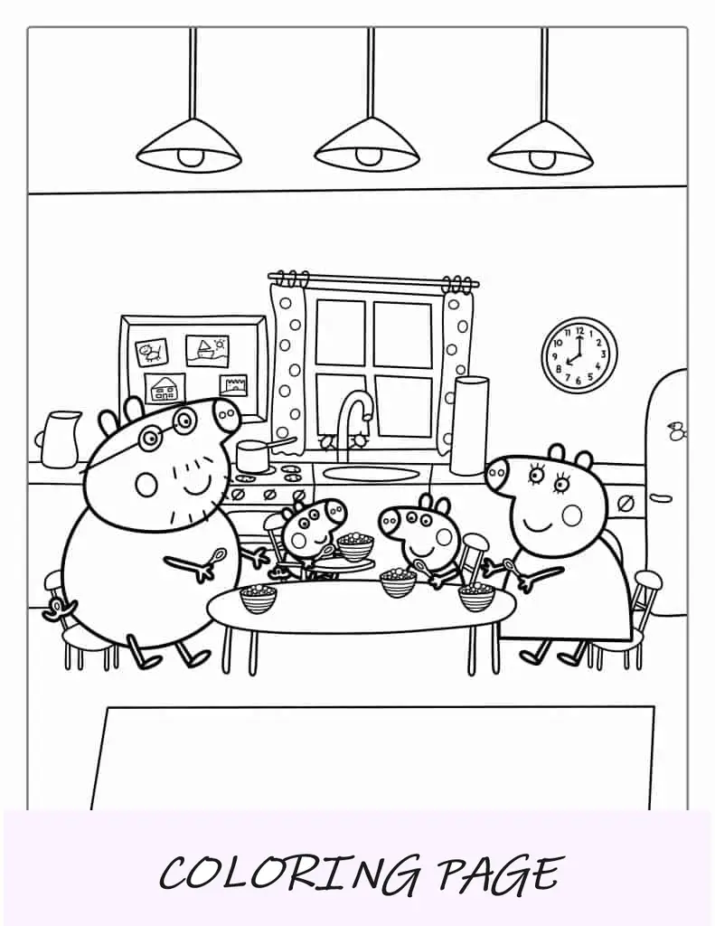 Famiglia di Peppa Pig che mangia la cena al tavolo da colorare