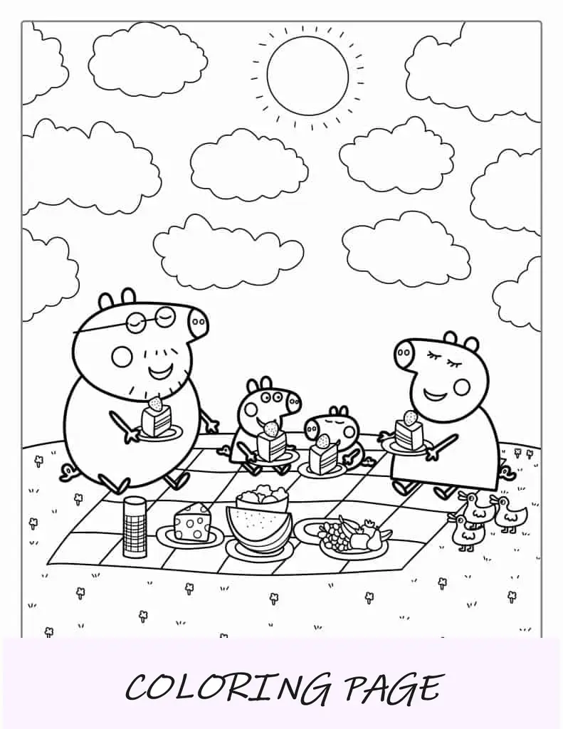 Famiglia di Peppa Pig che ha una pagina da colorare di picnic