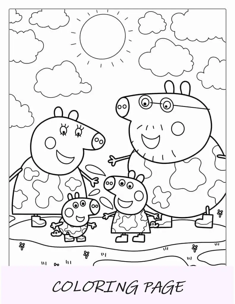 Pagina da colorare della famiglia Peppa Pig che salta nel fango