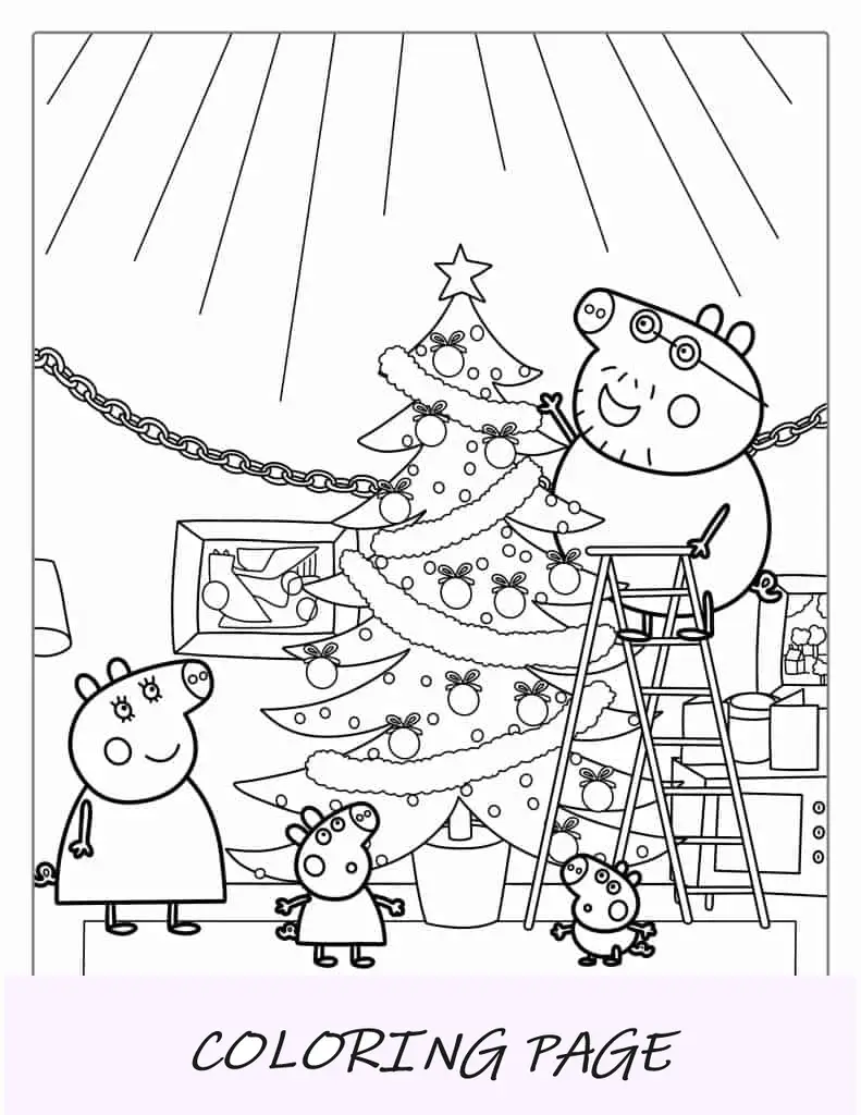 Famiglia di Peppa Pig che allestisce l'albero di Natale