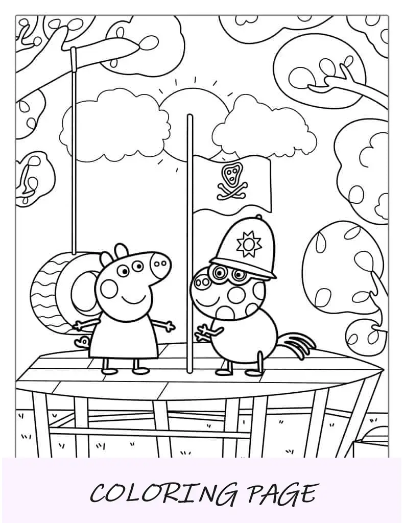 Peppa Pig che gioca ai pirati con la pagina da colorare di un amico