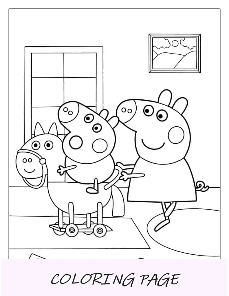 Peppa e George giocano insieme sul cavallo giocattolo