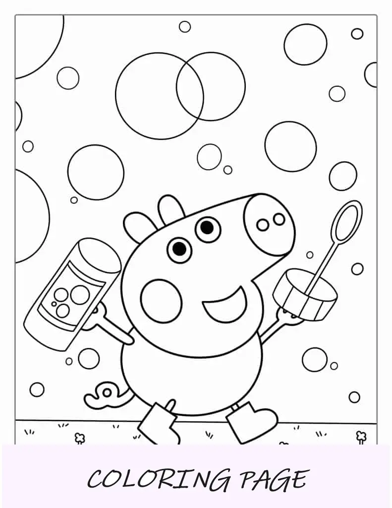 George Pig che gioca con il foglio da colorare di bolle