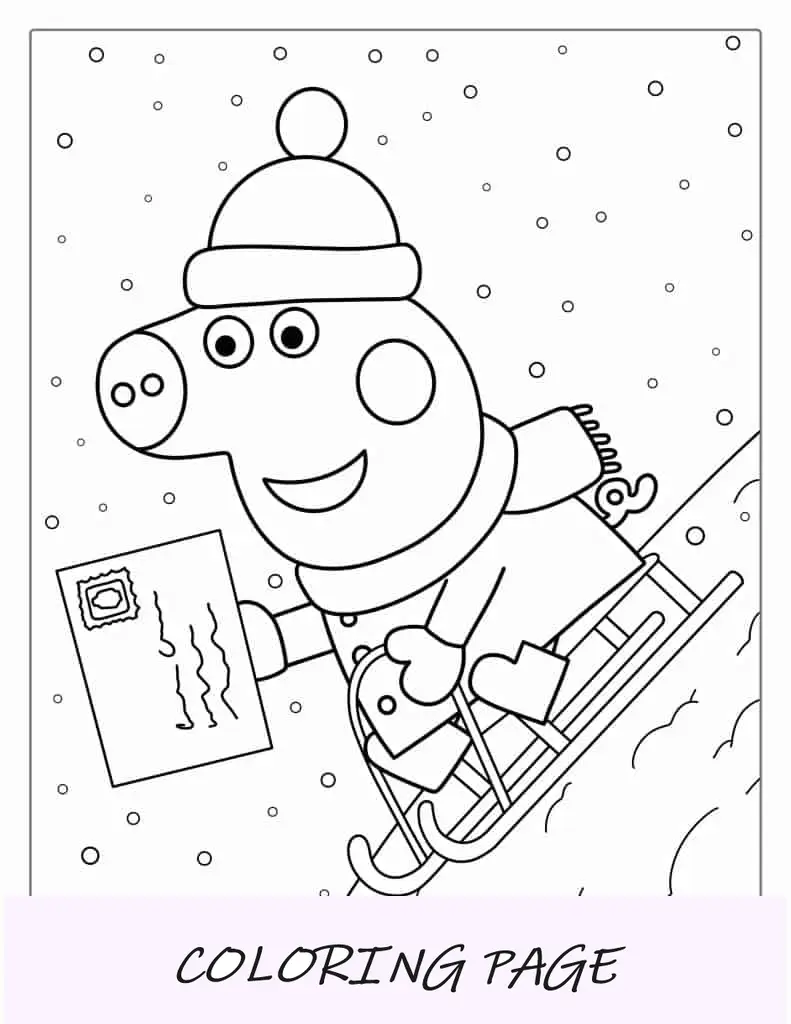 George Pig in sella alla slitta in inverno da colorare