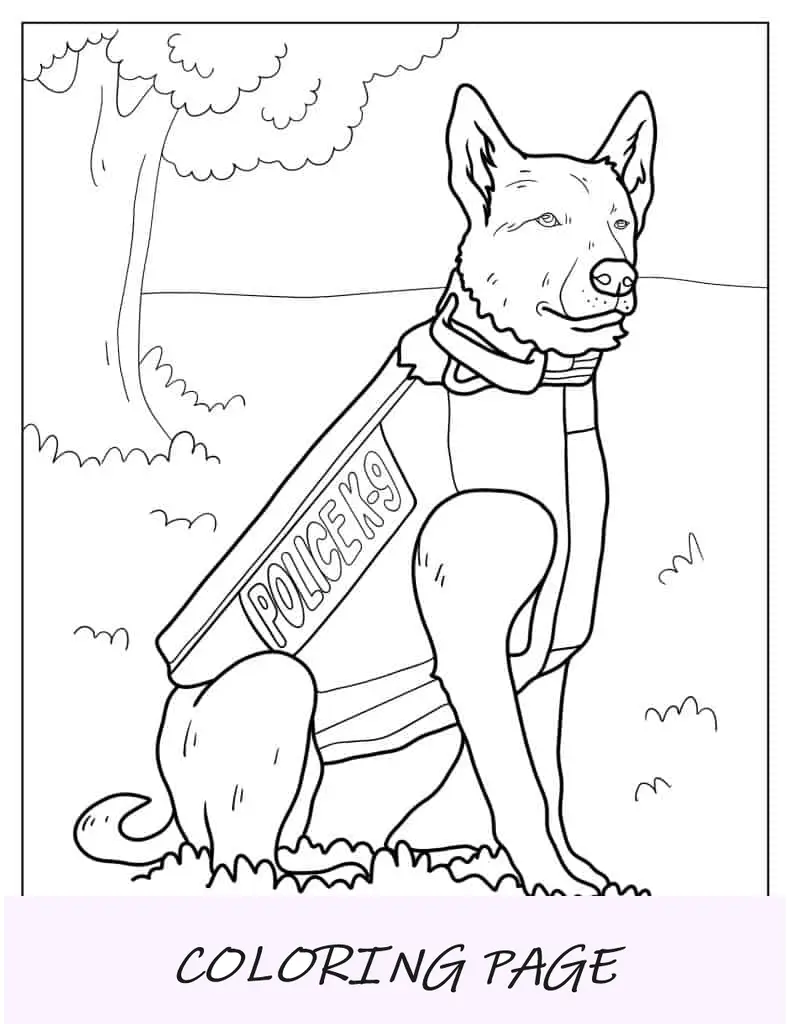 Hoja para colorear del perro policía K-9 para niños