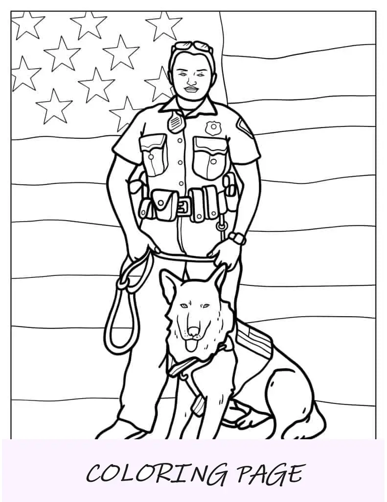 Unidad K-9 de la policía con bandera estadounidense para colorear