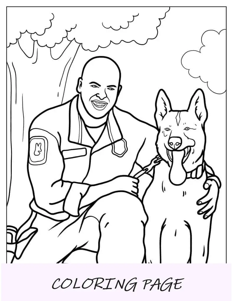 Policía con perro policía para colorear