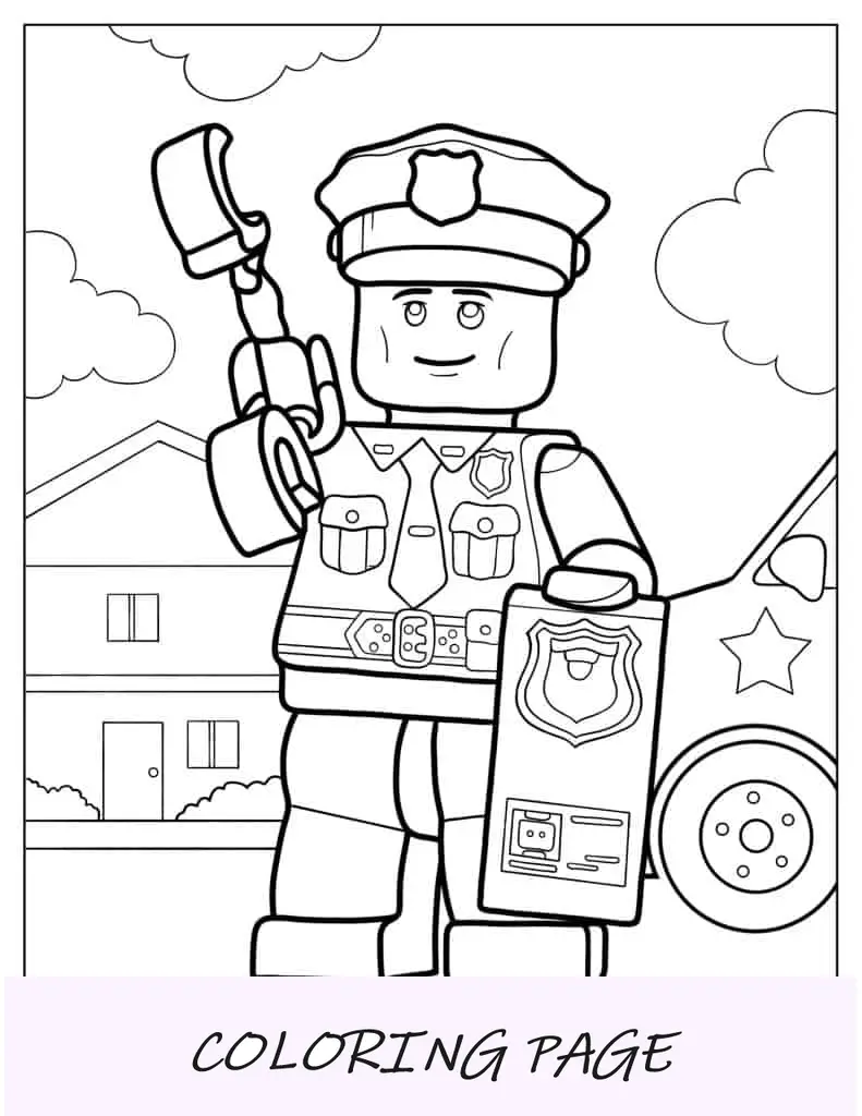Página para colorear de un oficial de policía de Lego con esposas y placa
