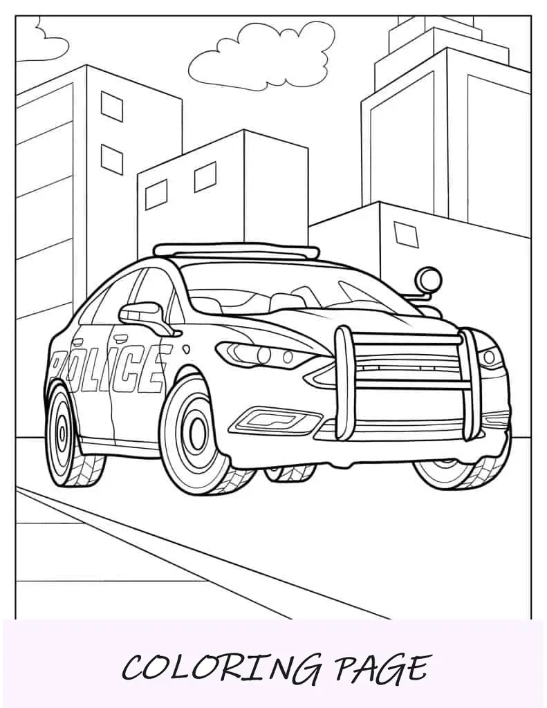 Página para colorear de coche de policía conduciendo en la ciudad
