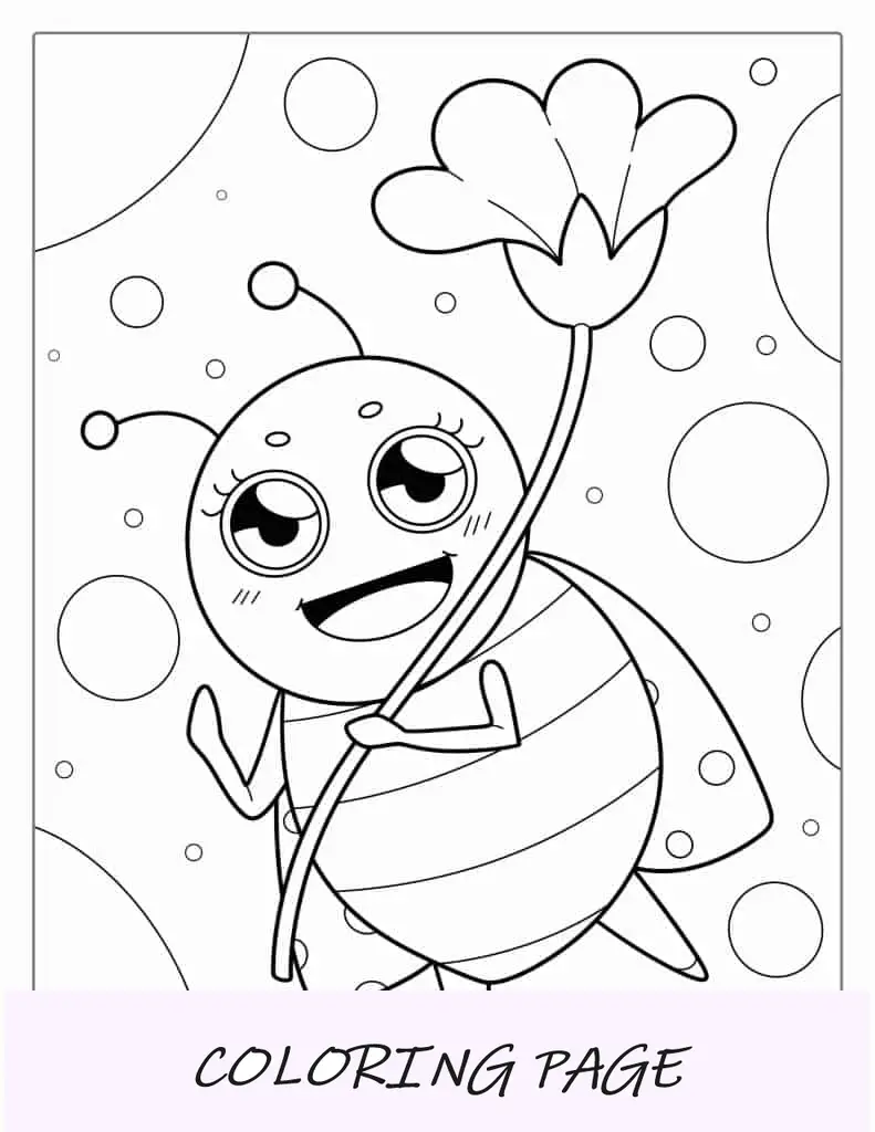 Dibujo para colorear de una mariquita sosteniendo una flor