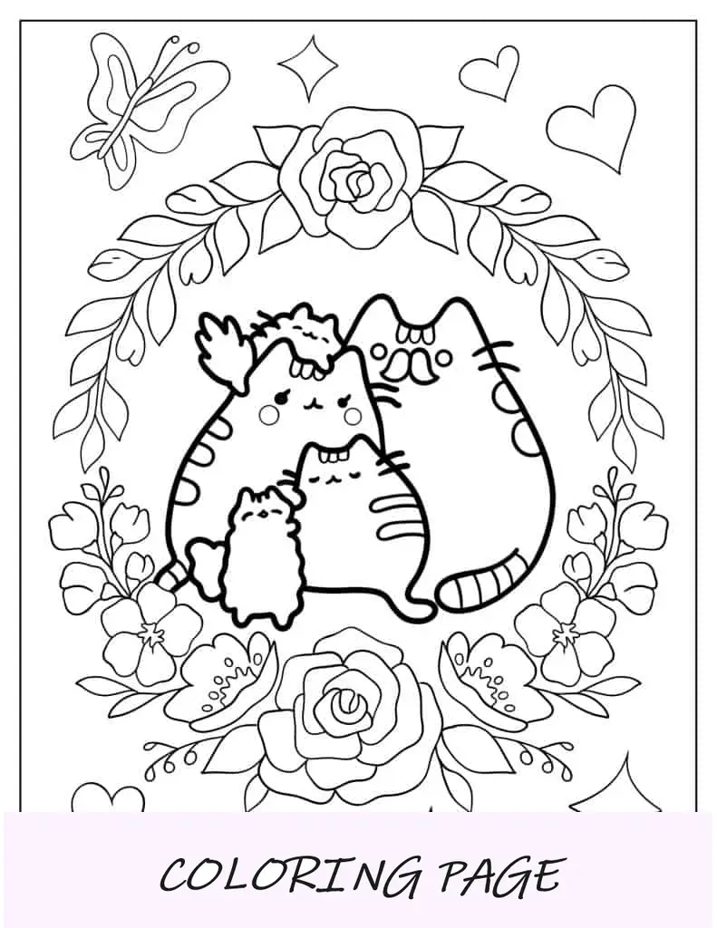 Página para colorear de Pusheen con temática floral para adultos