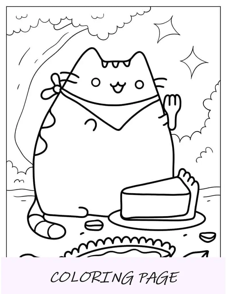 Pusheen feliz comiendo un pastel