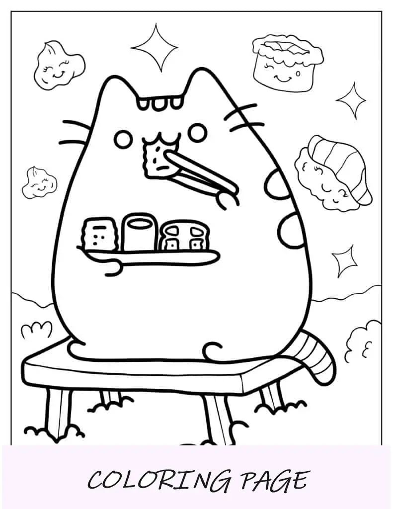 Dibujo Para Colorear De Pusheen Kawaii Comiendo Sushi