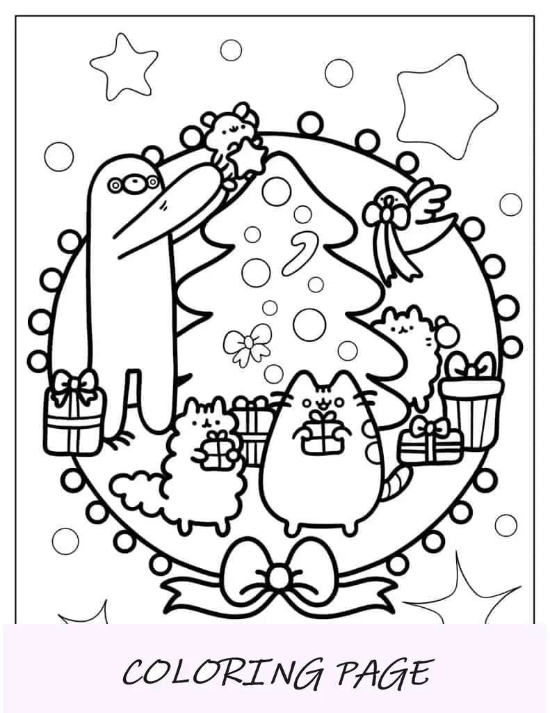 Pusheen y sus amigos decorando el árbol de Navidad