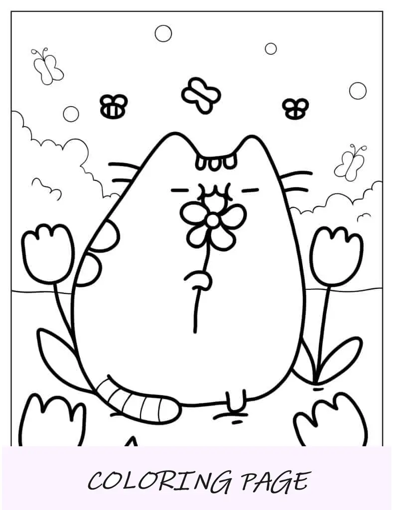 Gato Pusheen mordisqueando una flor para colorear