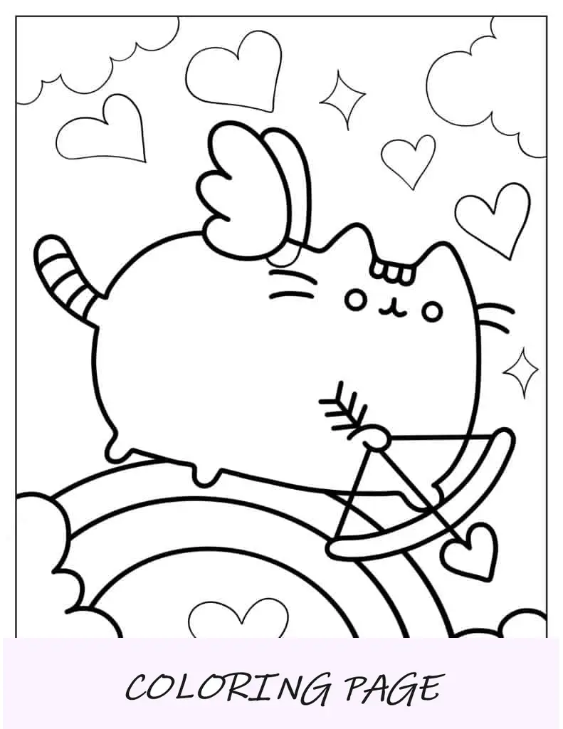 Pusheen Cupido Con Lazo Y Corazones De Amor Para Colorear