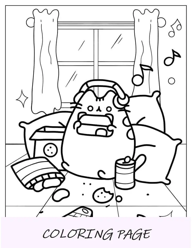 Pusheen comiendo y escuchando música en el dormitorio