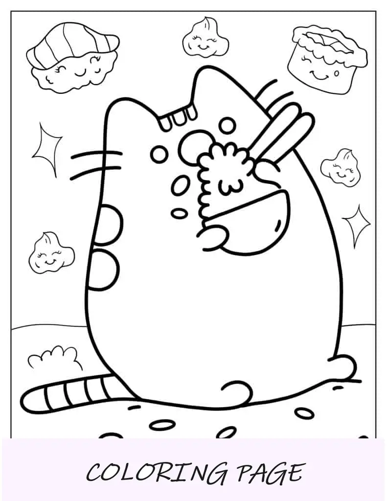 Pusheen comiendo arroz y sushi para colorear