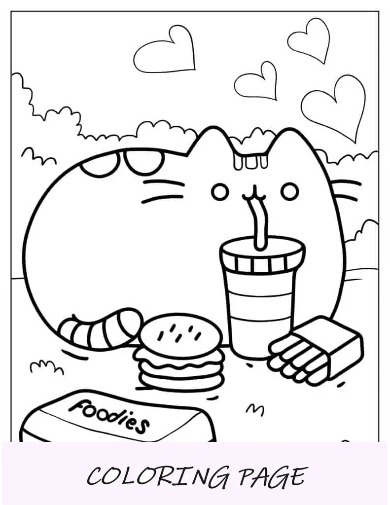 Pusheen comiendo hamburguesas y papas fritas
