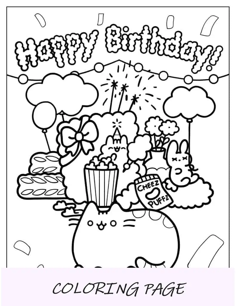Página para colorear de feliz cumpleaños de Pusheen