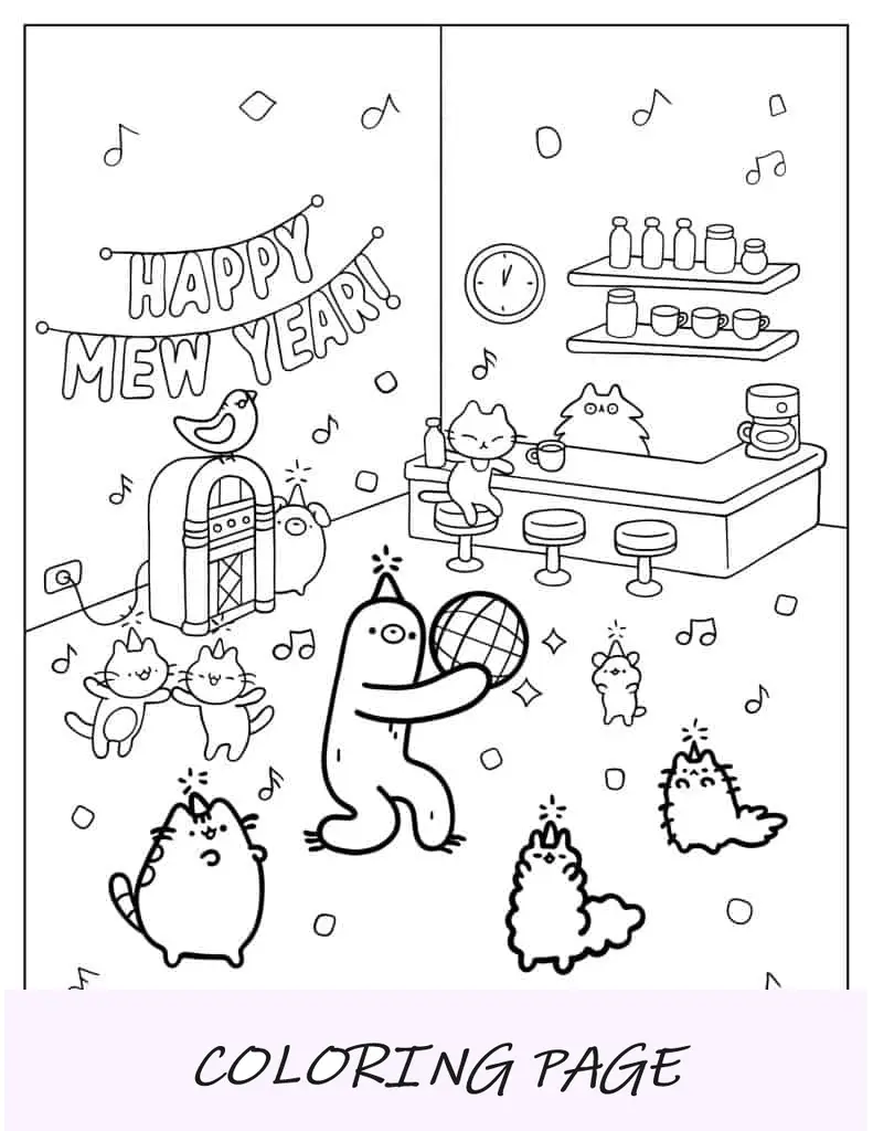 Pusheen teniendo una fiesta en Año Nuevo