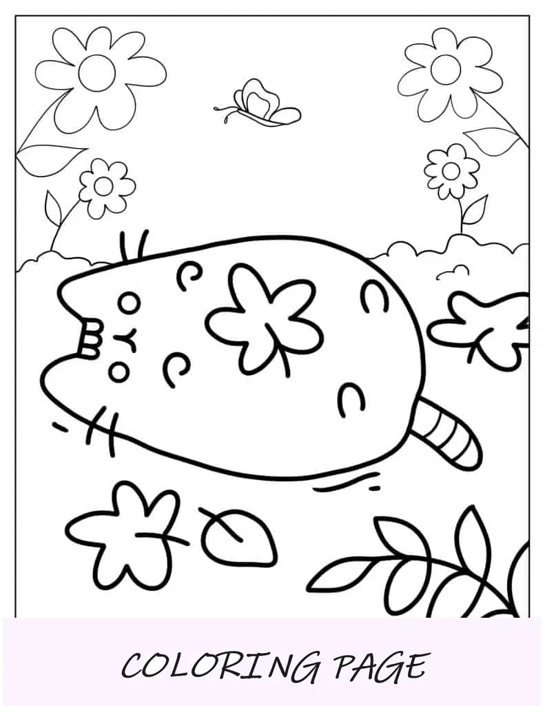 Pusheen tumbado en el campo con flores para colorear