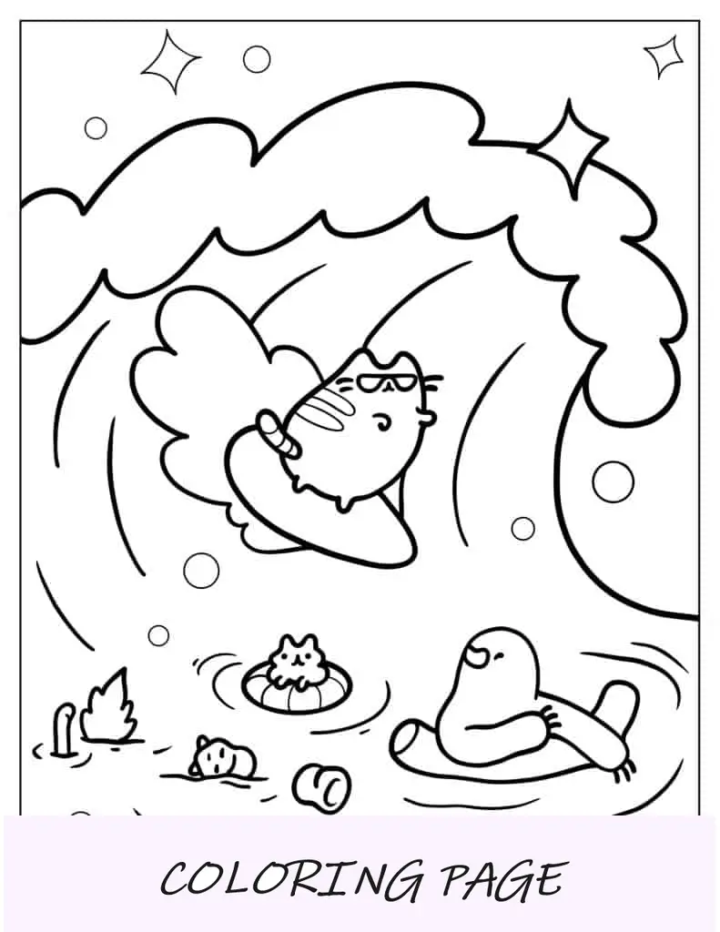 pusheen surfeando en la playa