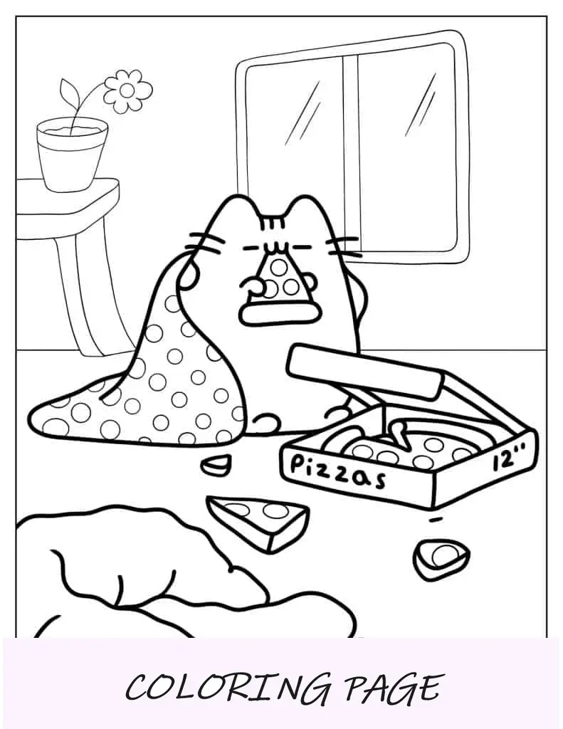 Pusheen bajo una manta comiendo pizza