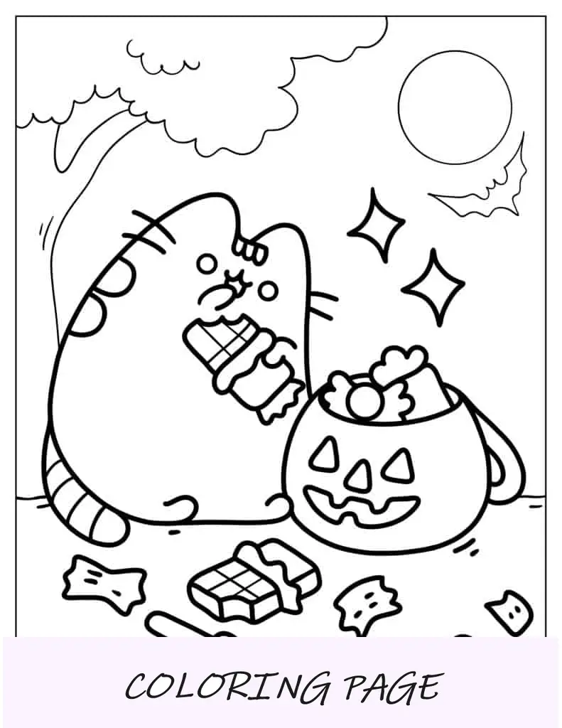 Hoja para colorear de Pusheen con dulces de Halloween