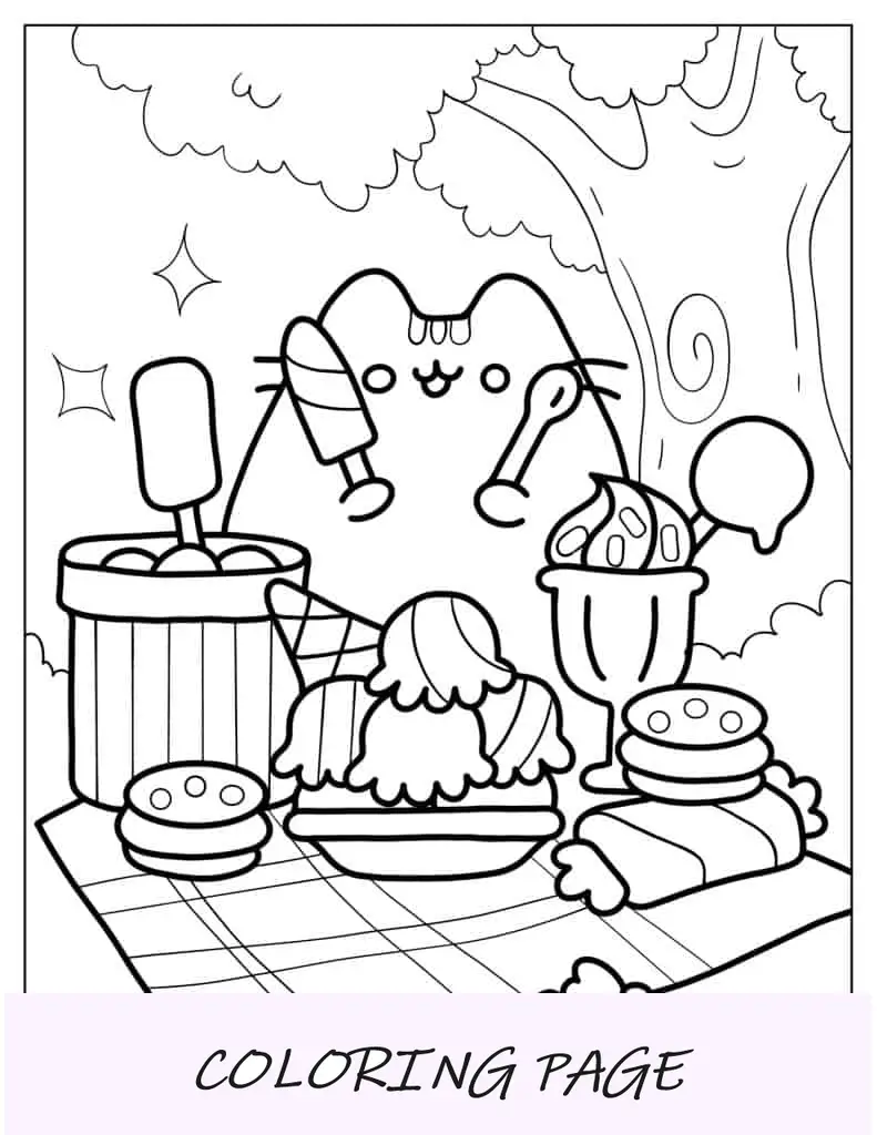 Pusheen Con Mucha Comida Página Para Colorear