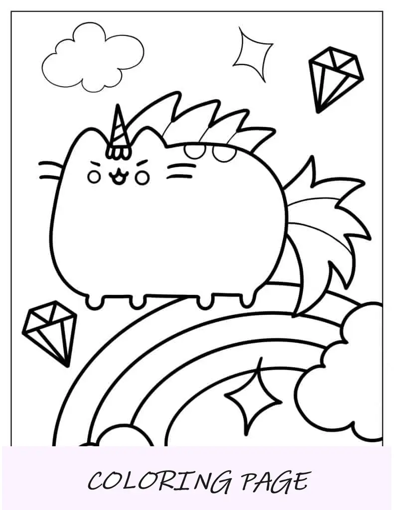 Unicornio Pusheen Cat saltando sobre el arco iris