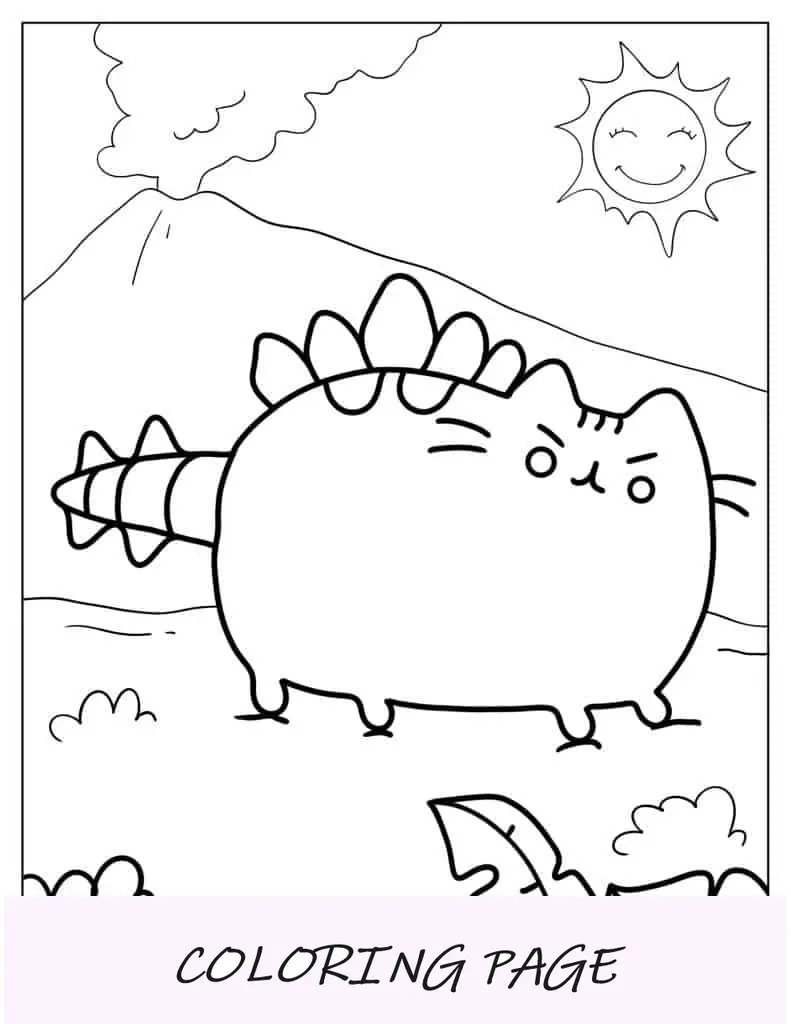 Dinosaurio Pusheen Junto Al Volcán Para Colorear
