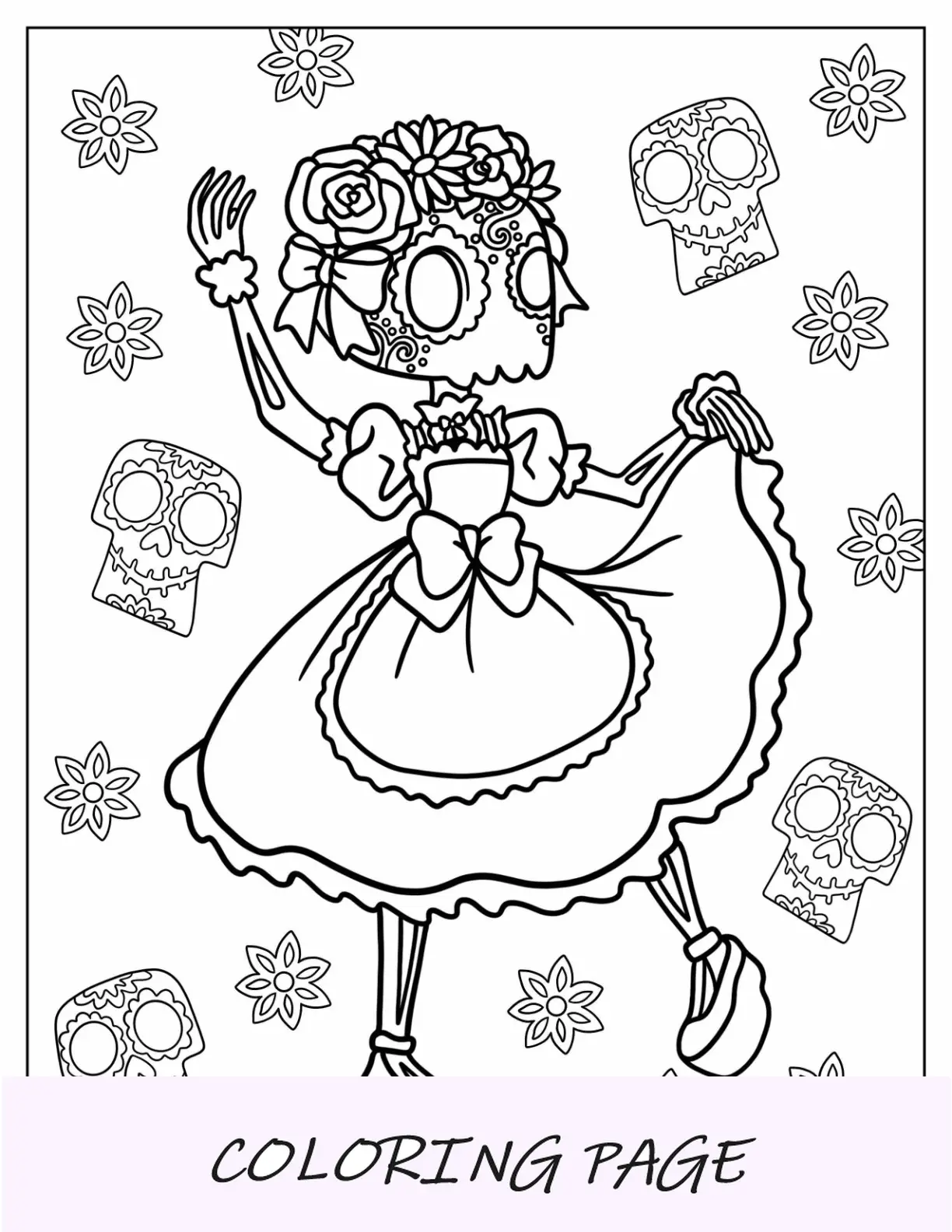 Página para colorir de esqueleto sorridente fazendo sinal de paz