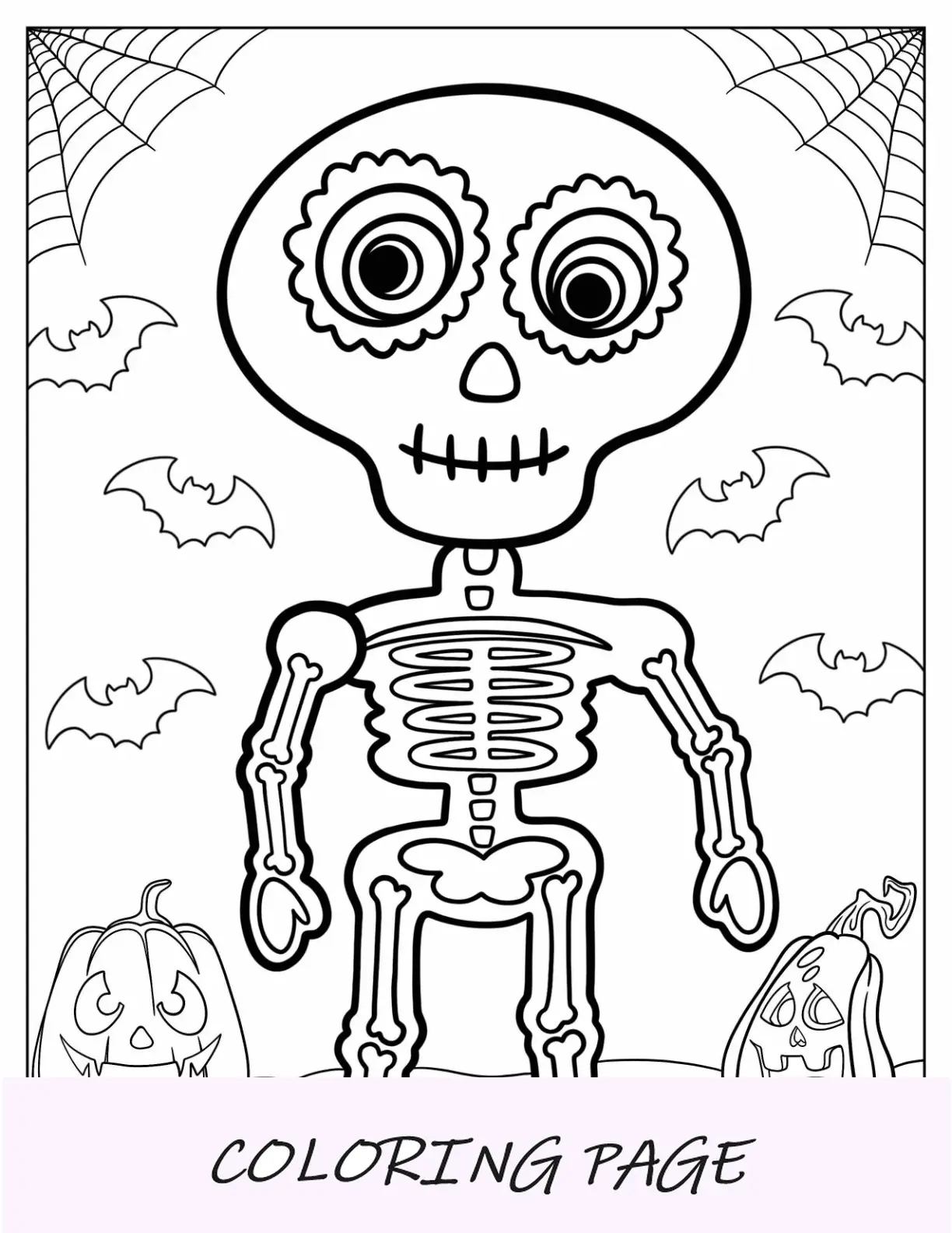 Página para colorir do esqueleto assustador de Chibi no Halloween